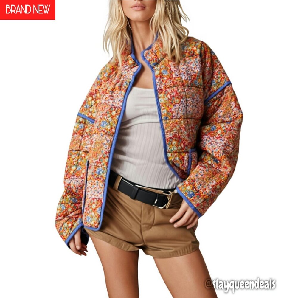 Cropped Quilted Puffer Jacket Lightweight Floral Cardigan Coat